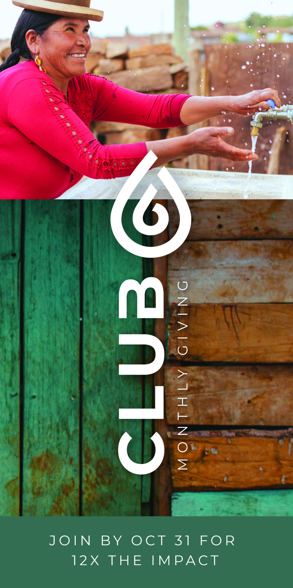Club6_Landing Page_Match Header_Mobile Woman with her hand under a water tap with CLUB 6 logo overlaid and language "JONI BY OCTOBER 31 FOR 12 TIMES THE IMPACT"