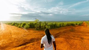 Photograph of a person standing in a dirt road with lush green in the distance