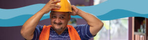 Photograph of a man putting on a safety helmet with graphic blue waves behind him