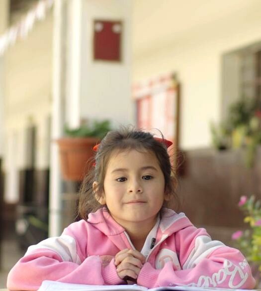 An even younger girl wearing a pink sweater sitting at a desk.