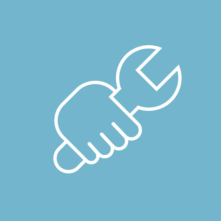Minimalist white icon of a hand holding a wrench