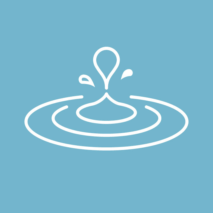Minimalist white icon of a water creating a ripple outwards over a teal background