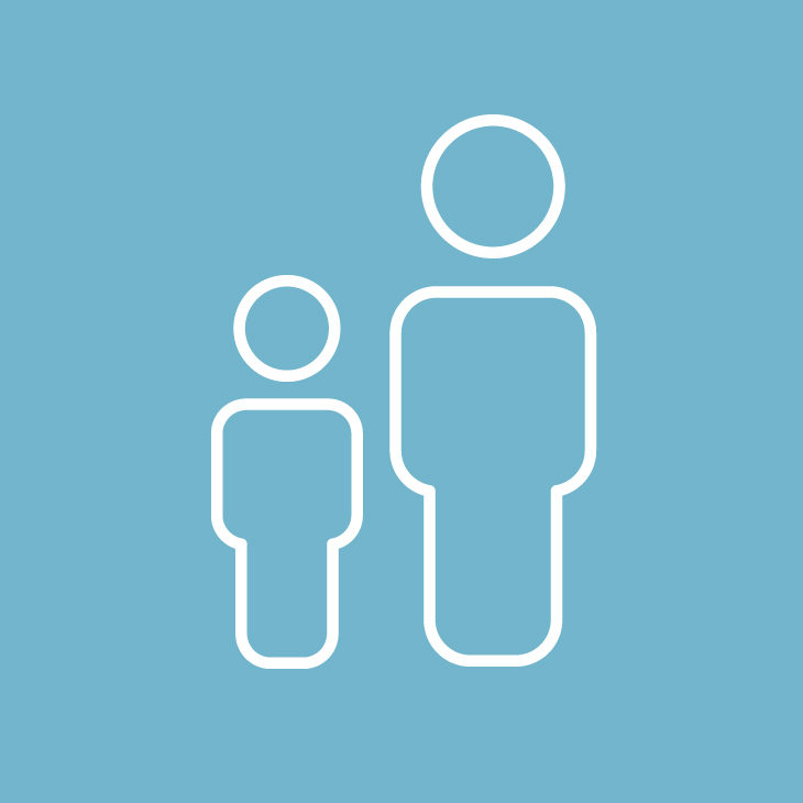 Minimalist white icon of two human shapes, one larger than the other to represent a child and adult