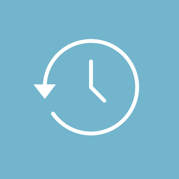 Minimalist white icon of a clock over a teal background
